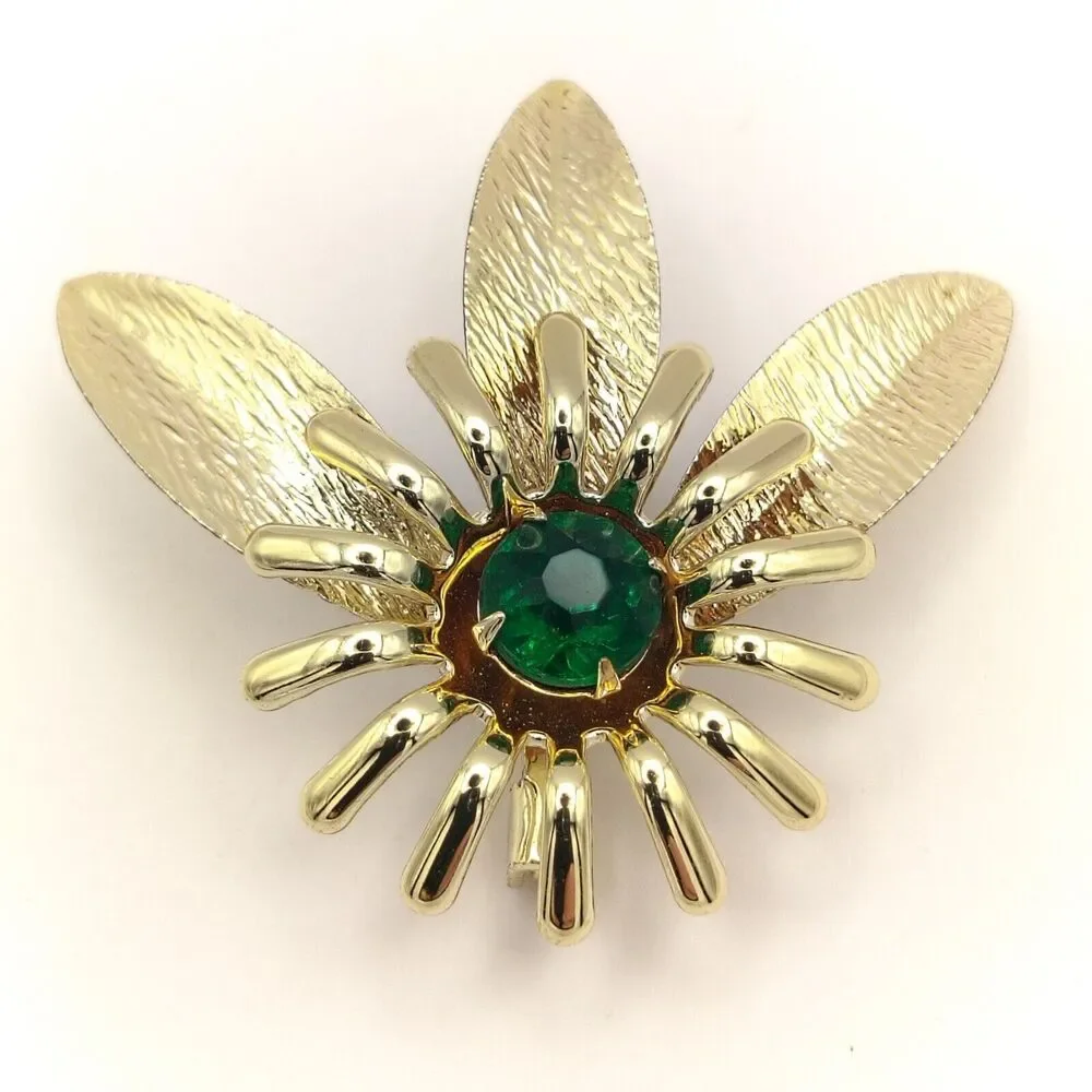 Green Stone Flower Gold Tone Vintage Pin Brooch